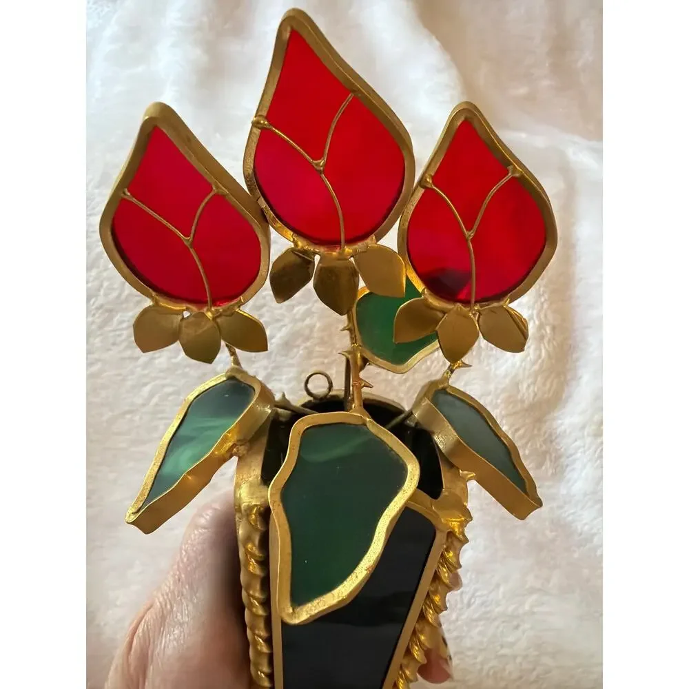 Rare Vintage Stained Glass Style Red Tulip Flower Vase Gold Tone Decor